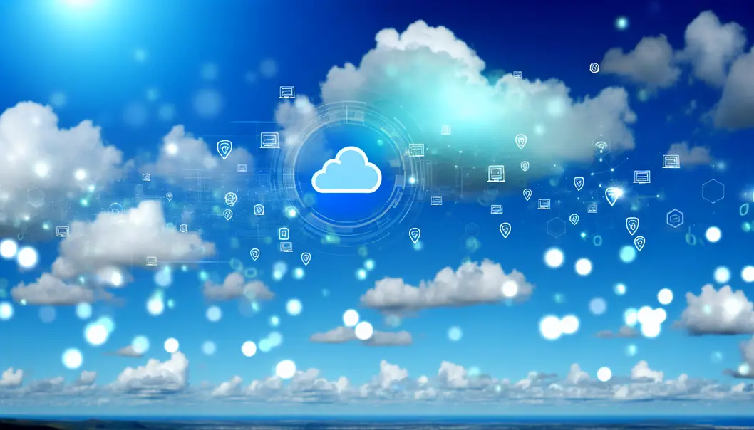 Céu azul com ícones de nuvem e tecnologia representando Cloud Computing.