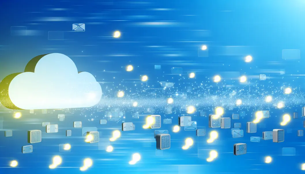 Imagem de ícones de dados em um céu azul, representando o armazenamento em nuvem.