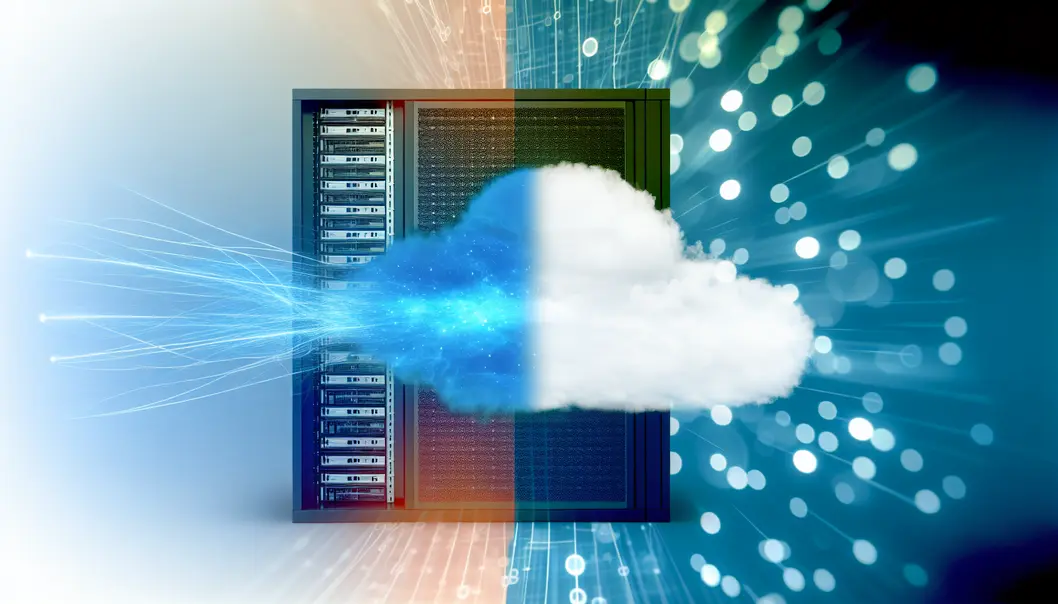 A symbolic vision of the hybrid cloud, bridging the worlds of public and private clouds.