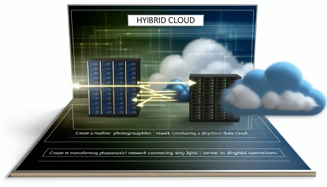 Representação gráfica da integração da Cloud híbrida com nuvens e servidores.