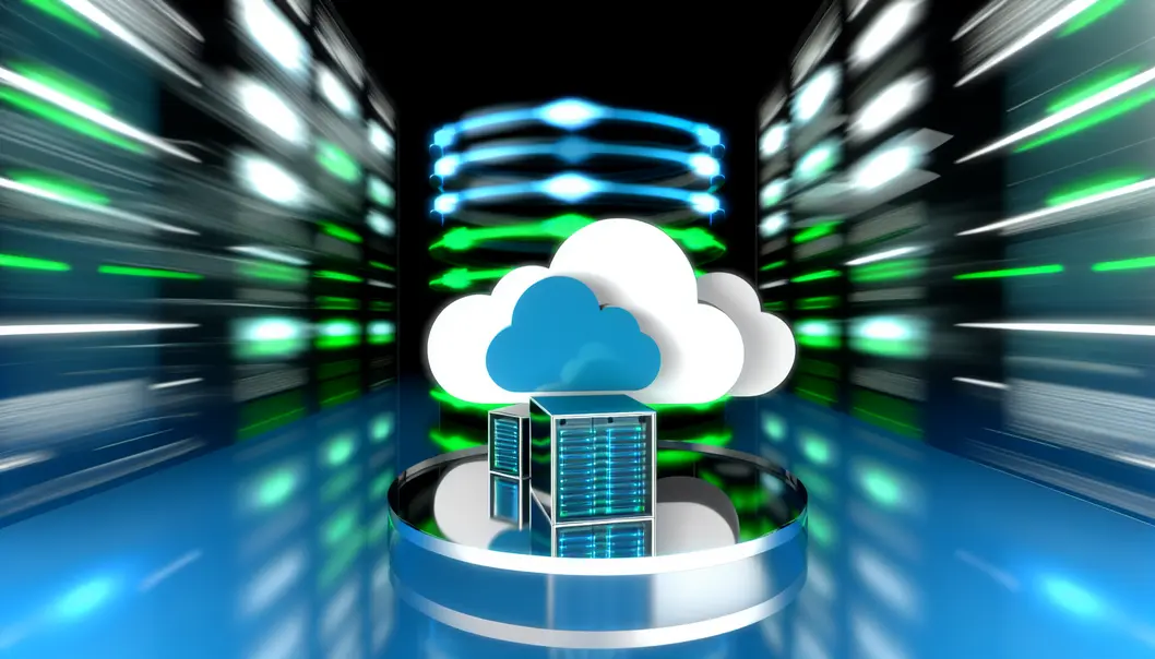 Visual futurista de um datacenter virtual com elementos de nuvem e LED energizando o espaço.