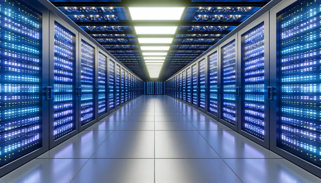 Data center futurista iluminado com tecnologia avançada de Google Cloud Hosting.