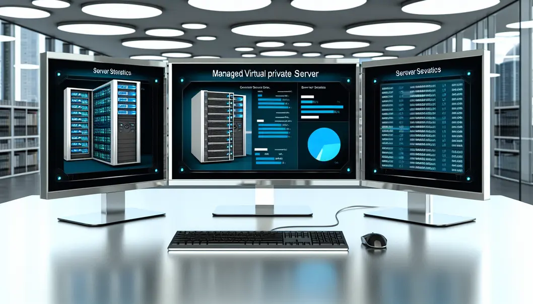 Ambiente de escritório moderno com VPS gerenciado em destaque